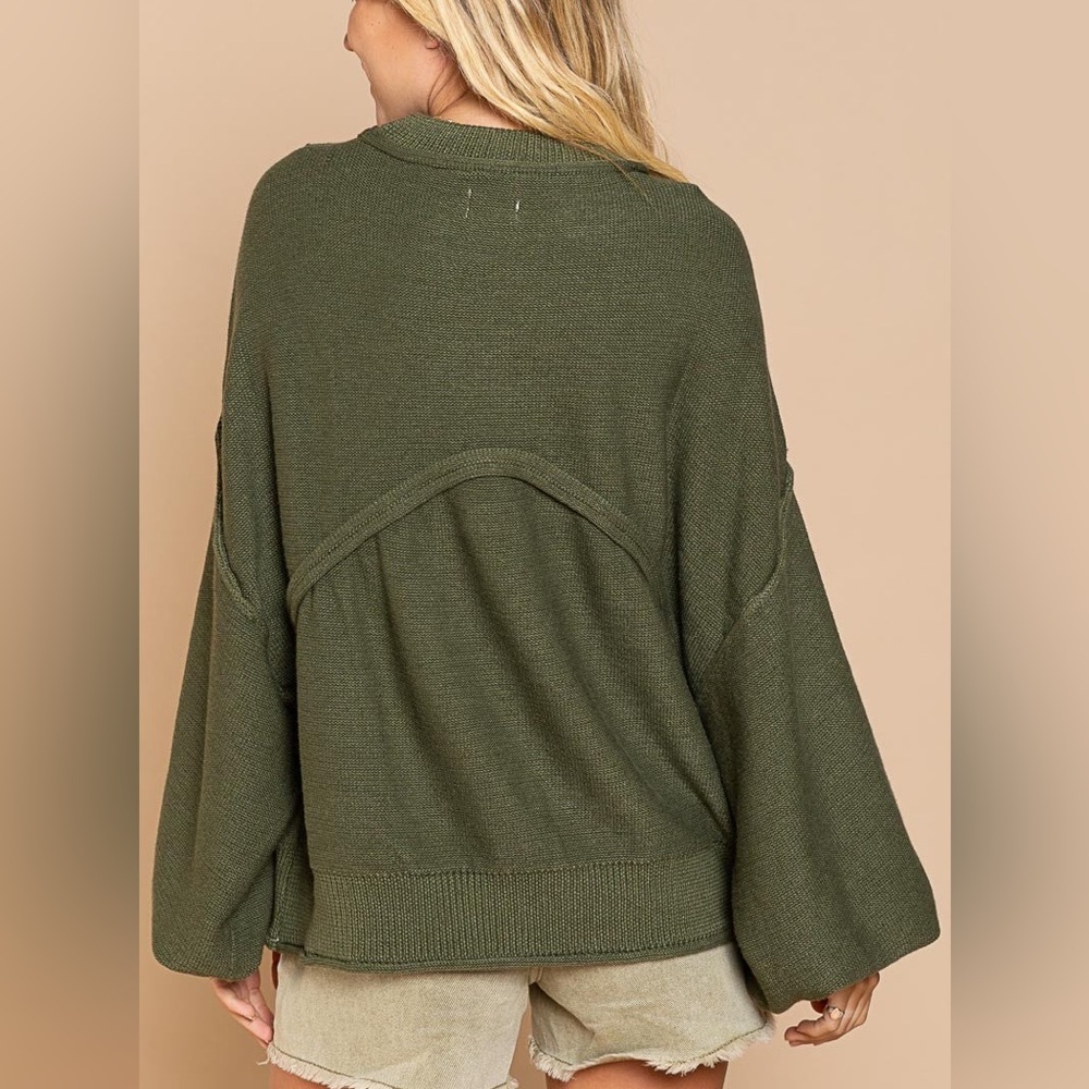 Olive Green Knit Sweater with Pocket POL SIZE small oversized 100% cotton - Picture 2 of 7